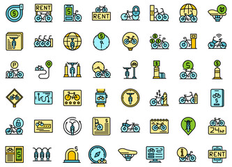 Bike sharing icons set outline vector. Bicycle station. City person thin line color flat on white