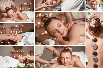 Obraz na płótnie Canvas Collage with beautiful mature woman relaxing in spa salon