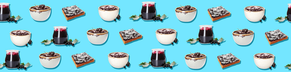 Many jars, bowls and toasts with sweet black currant jam on blue background. Pattern for design - obrazy, fototapety, plakaty