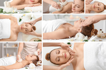 Obraz na płótnie Canvas Collage with beautiful mature woman having massage in spa salon