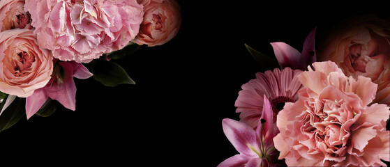 Many beautiful flowers on black background with space for text. Banner for design