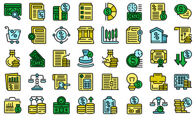 Lender icons set outline vector. Money borrow. Loan promise thin line color flat on white