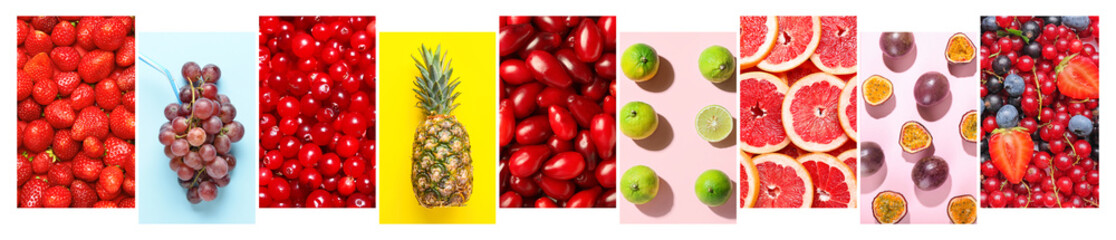 Collage with different tasty fruits and berries