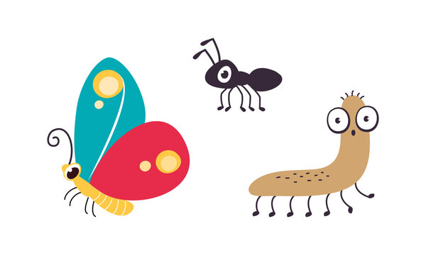 Cute Crawling Caterpillar and Flying Butterfly as Garden Bug Vector Set