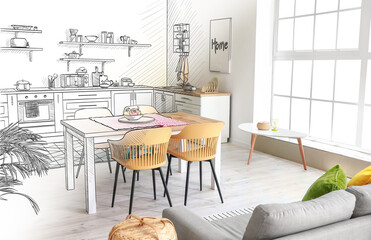 New interior of stylish kitchen with dining table