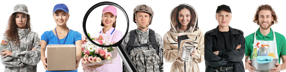 Many people of different professions and magnifying glass on white background. Concept of search