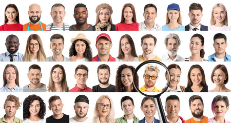 Many different people and magnifying glass on white background. Concept of search