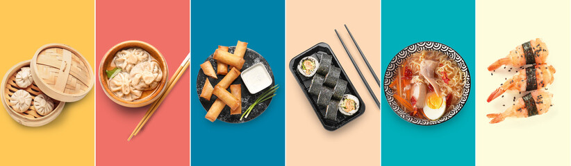 Set of traditional Asian food on color background, top view