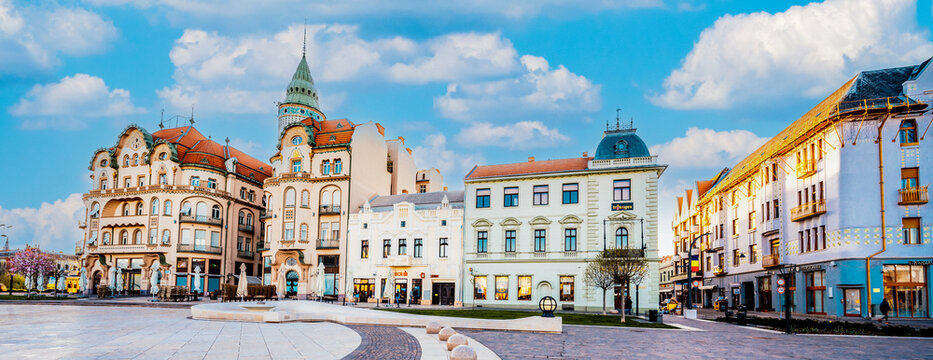 Oradea, Romania with Union Square (Piata Unirii), The Capital of Art Nouveau. Western Transylvania in Romania. Historical cultural city in europe