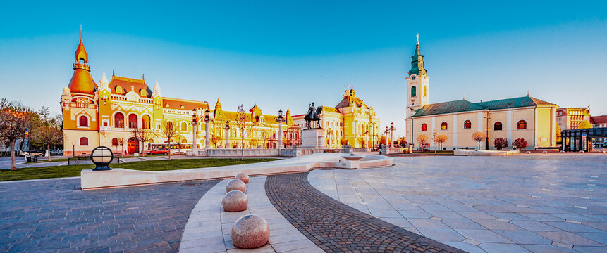 Oradea, Romania with Union Square (Piata Unirii), The Capital of Art Nouveau. Western Transylvania in Romania. Historical cultural city in europe