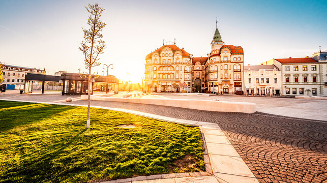Oradea, Romania with Union Square (Piata Unirii), The Capital of Art Nouveau. Western Transylvania in Romania. Historical cultural city in europe