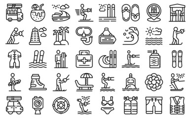 Naklejka premium Water skiing icons set outline vector. Sport adventure. Water activity