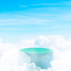 3d simple product podium psd with clouds on blue background.