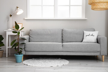 Interior of modern living room with comfortable sofa, lamp and houseplant