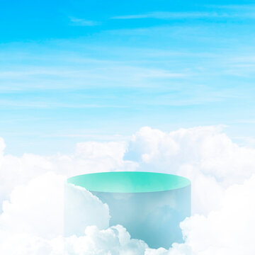 3d Simple Product Podium Psd With Clouds On Blue Background.