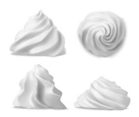 Whipped cream swirl or meringue top side view 3D vector. Custard, butter or vanilla creme for decoration cake, cupcake or muffin, realistic elements set isolated on background