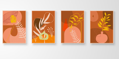 Fototapeta na wymiar Set of botanical wall art. Minimal abstract art organic plants and pot shape composition. Vector illustration.
