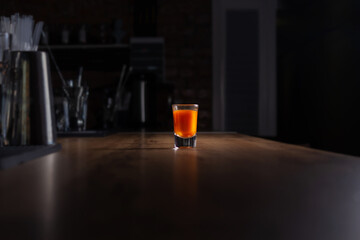Drinking alone. Alcoholic shot at night bar. 