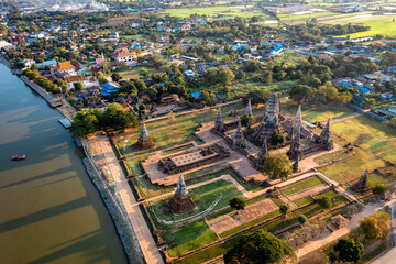 Aerial view of Wat Chaiwatthanaram, famous ruin temple near the Chao Phraya river in Ayutthaya, Thailand