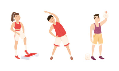 Young Male and Female in Athletic Wear at Gym Doing Physical Exercise and Workout Vector Set