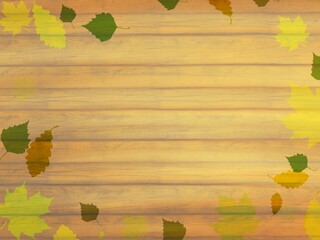 落ち葉と木製のボード　秋背景素材