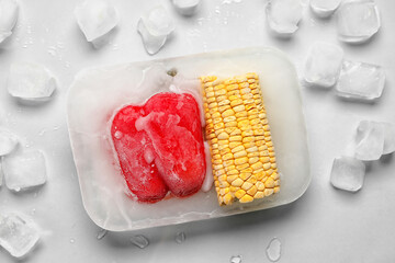 Fresh vegetables frozen in ice on light background