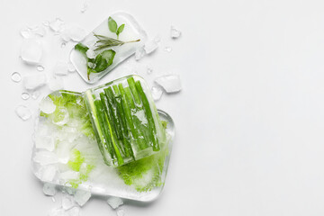Fresh green onion and lettuce frozen in ice on light background
