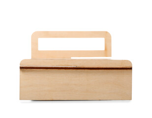 Toy wooden bed on white background