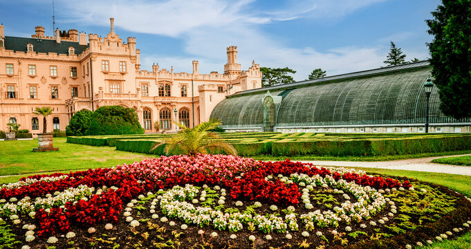 Lednice Chateau with beautiful gardens and parks. Lednice-Valtice Landscape, South Moravian region. UNESCO World Heritage Site.
