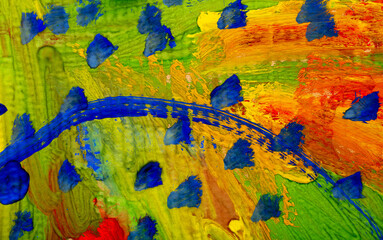 Blue and yellow and red paints on paper. Abstract