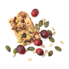 Cookie from filo dough with raw cranberries and pumpkin seeds and cereals isolated on white