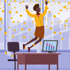 Happy african businesswoman jump in the air falling money coins rain in the office. Success finance business, falling cash. Vector illustration
