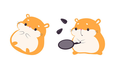 Obraz na płótnie Canvas Cute Hamster Character with Stout Body Lying and Frying Sunflower Seeds Vector Set