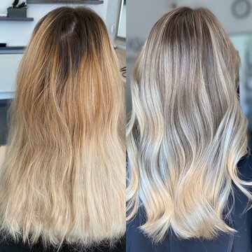 dyed hair. hair coloring. beautiful hair. dyed hair in a beauty salon. before and after hair coloring