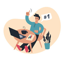 Online work. Work from home. A man with a laptop. Education. People and business. Vector image.