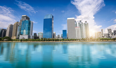 Fototapeta premium View of city landscape reflection on the river.
