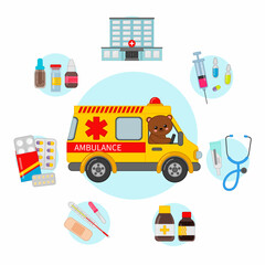 Vector illustration of a cute bear rides an ambulance. Medical icons set.

