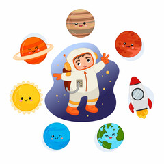 Vector illustration of a cute boy in an astronaut costume. Space icons set. Rocket and planets in cartoon style.
