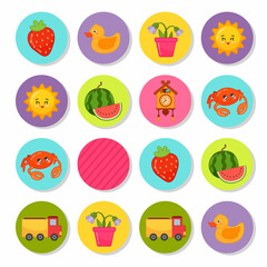 Memory game for preschool children, vector cards. Find two identical picture. Kids activity page for book. 