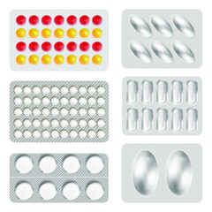 3d packaging for drugs: painkillers, antibiotics, vitamins and aspirin tablets. Set of white blisters realistic icons with pills and capsules. illustrations of pack isolated on background
 - obrazy, fototapety, plakaty