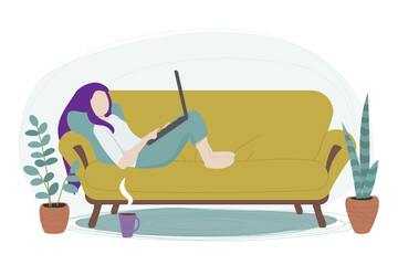 Young woman working on a laptop and sitting relaxed in a cosy couch. Social network communication, relaxing watching movie or remote work concept. Vector illustration.
