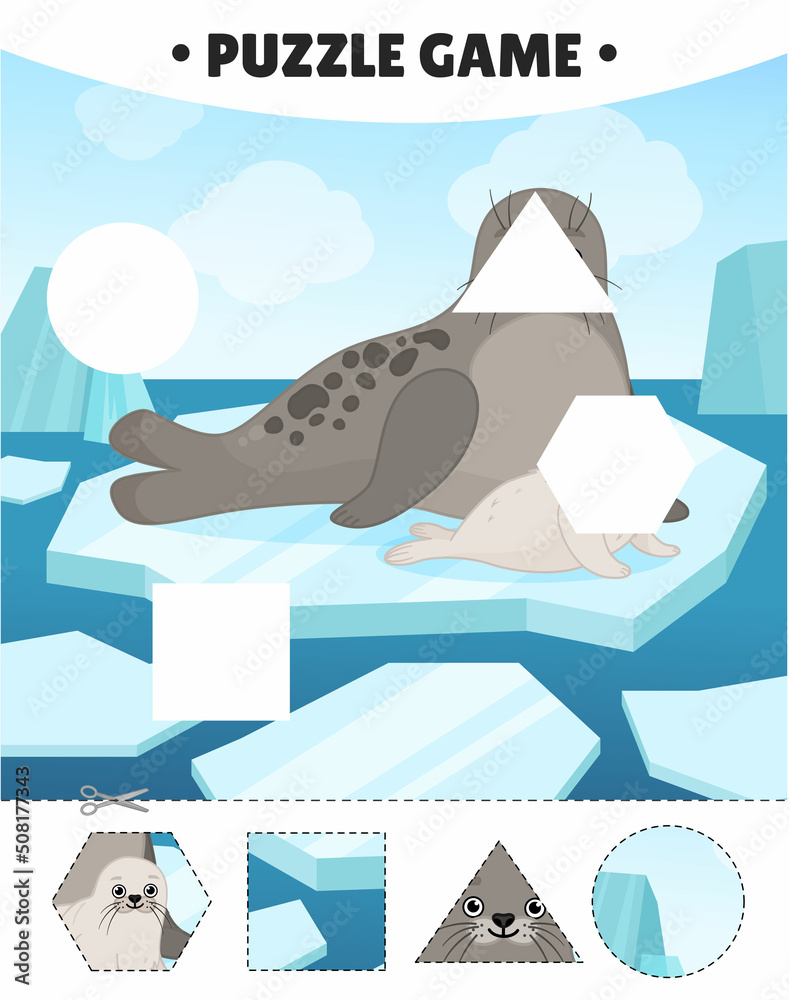 Wall mural Educational game for kids.  The study of geometric shapes. Puzzles for preschoolers. Vector illustration of a cute seal on an ice floe in the arctic.
