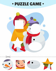Educational game for kids.  The study of geometric shapes. Puzzles for preschoolers.  Vector illustration of a cute girl sculpts a snowman.
