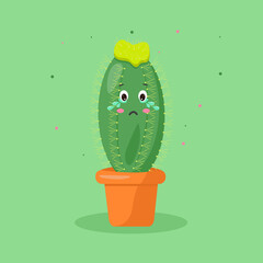 the character is a kawaii cactus in a pot with emotions crying