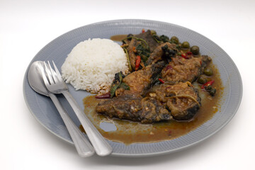 Rice topped with curry, spicy stir-fried catfish, a food that is easy to find in Thailand,Include Clipping Path.