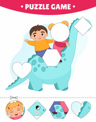 Educational game for kids.  The study of geometric shapes. Puzzles for preschoolers.  Vector illustration of a boy and a girl riding a dinosaur.
