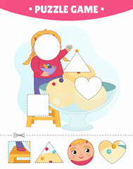 Educational game for kids.  The study of geometric shapes. Puzzles for preschoolers.  Vector illustration of a cute girl sprinkles ice cream with sweets.
