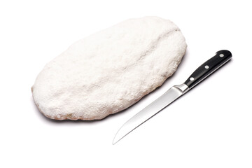 Traditional Christmas stollen cake with marzipan and dried fruit isolated on white background