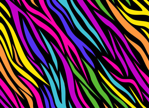 Zebra rainbow abstract seamless pattern. Colorful stripes, repeating background. Vector printing for fabrics, posters, banners. 