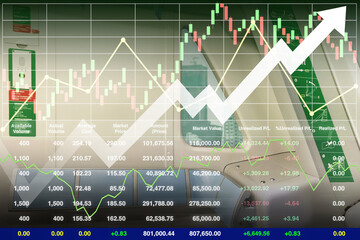 Stock financial index  show growth investment on transportation industry with graph, chart and candlesticks on interior of skytrain for business presentation and report background.